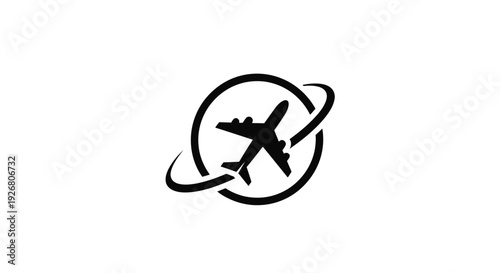 Black silhouette of an airplane flying within a circular globe icon with orbital paths, symbolizing global travel and aviation.
