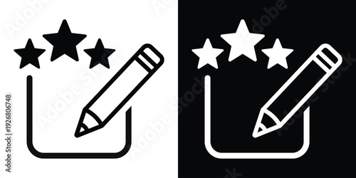 Three stars with a pencil and checklist icon. Represents customer feedback, product reviews, rating systems, and quality evaluation in a clean, minimalist flat vector style.