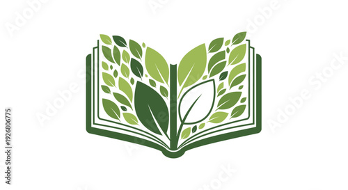 An open book with vibrant green leaves sprouting from its pages, symbolizing nature, education, growth, and environmental knowledge.