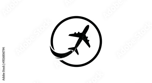 Black silhouette of an airplane flying within a circular frame, symbolizing travel and global journeys.