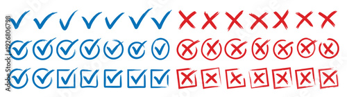 Professional set of hand drawn blue check mark and red cross mark icons with brush stroke style and geometric frames for web interface design isolated on white background vector