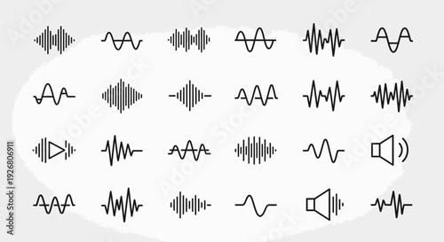 A collection of diverse audio waveform icons and sound frequency visualizations, including speaker symbols, on a light background.