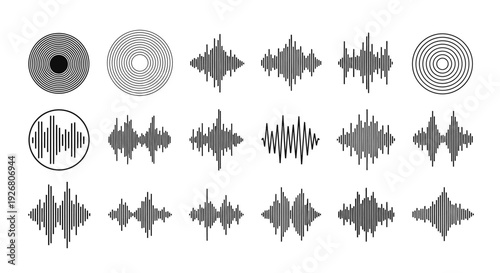A grid of abstract grayscale sound wave patterns and circular designs, illustrating various audio visualization concepts and digital signals.