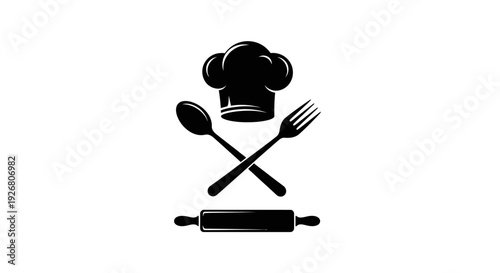 Chef's hat with crossed spoon and fork, and a rolling pin, symbolizing cooking and culinary arts, on isolated white background.