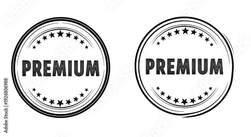 Two black and white circular premium quality stamps with stars, indicating high value and excellence for products or services.