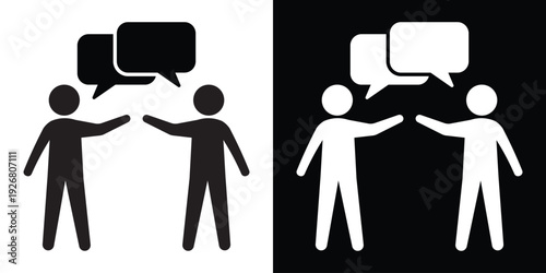 Full body silhouettes of two people speaking with speech bubbles. Communication, dialogue, and meeting concept. Flat vector illustration for collaboration and social interaction icons.