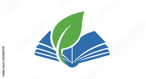 An open blue book with a vibrant green leaf emerging from its pages, symbolizing knowledge, growth, and environmental education.
