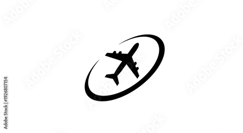 A black silhouette of an airplane flying within an oval orbit on a white background, representing travel or aviation.