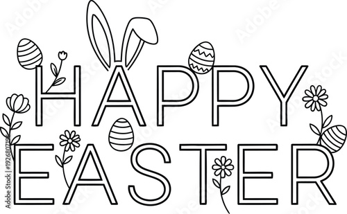 Happy Easter Illustration Featuring Bunny Ears and Eggs with Flowers 102938745