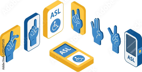 Isometric vector icons represent American sign language accessibility services and assistance
