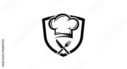 Black and white graphic logo featuring a chef's hat, crossed knife and fork, all contained within a shield emblem, symbolizing culinary excellence and protection.