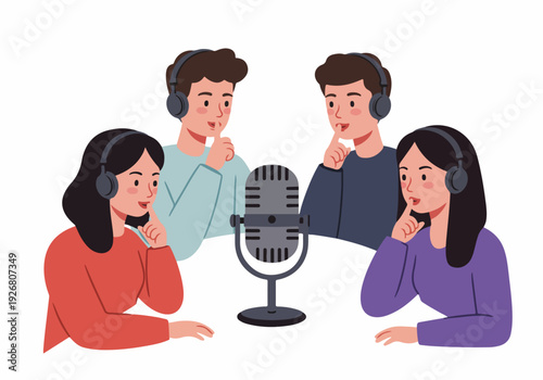 Four Hosts Recording a Podcast Session: People Wearing Headphones Discussing Ideas Around a Studio Microphone.