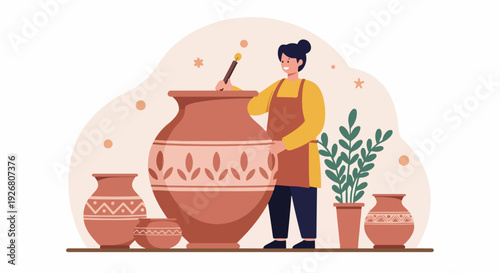 Smiling artisan woman decorating a large terracotta vase, surrounded by handmade ceramic pottery in a traditional craftsmanship illustration.