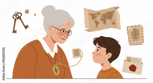 Grandmother sharing history and mystery artifacts, including an old world map and keys, with her inquisitive grandson.