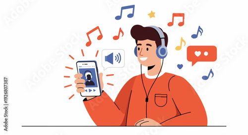 Young man happily listening to music streaming on his smartphone using headphones, surrounded by colorful musical notes and interface icons.