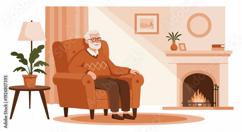 Happy Elderly Man Relaxing Comfortably in an Armchair by the Fireplace in a Cozy Living Room Setting.