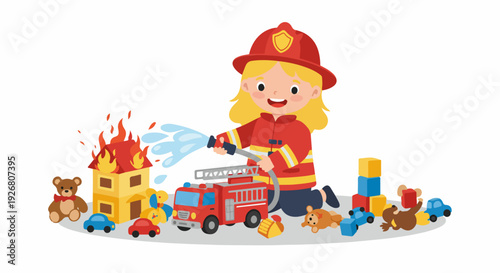 Little girl firefighter playing hero, using a toy fire truck and hose to put out a burning toy house.