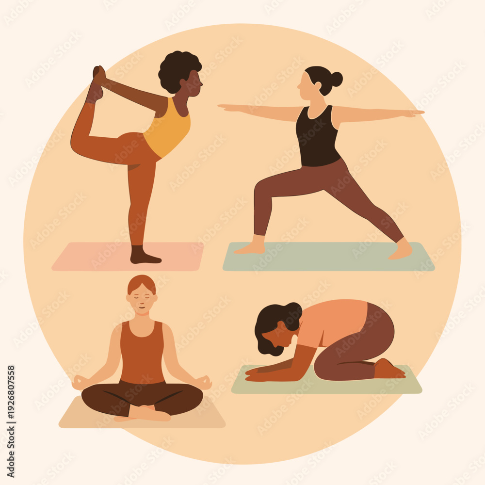Fototapeta premium Diverse women practicing yoga in various poses on mats, calm atmosphere