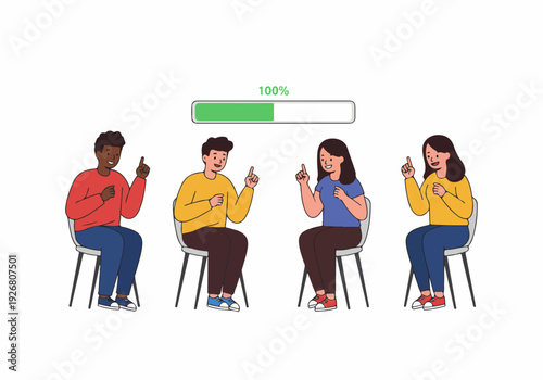 Diverse team members successfully achieving a goal, indicated by a 100% full progress bar during a discussion or training session, sitting and pointing up.