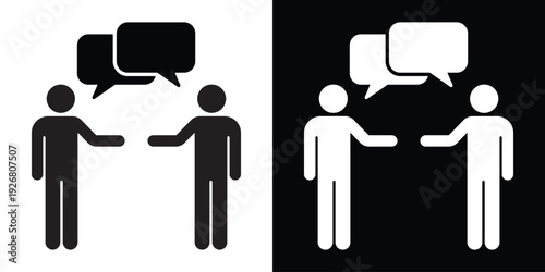 Full body silhouettes of two people speaking with speech bubbles. Communication, dialogue, and meeting concept. Flat vector illustration for collaboration and social interaction icons.