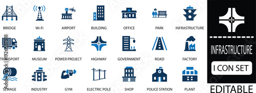 infrastructure icon set - solid icon collection vector illustration design. The towering Golden Gate Bridge stretches across the bay like a crimson ribbon, uniting cities and hearts alike. 