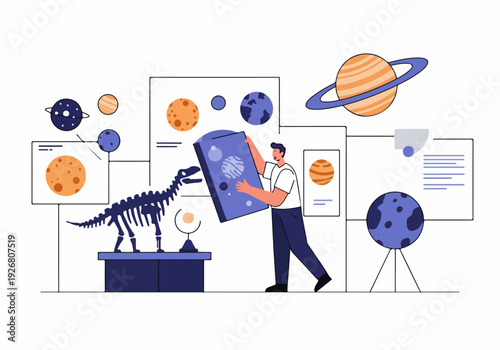 Scientific Exploration Display: Man learning about astronomy and paleontology, featuring planets and a dinosaur skeleton.