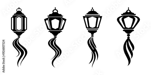 Four ornate black street lamps displayed in a row a striking silhouette
