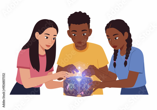 Diverse young people collaborate to open a mysterious glowing magical puzzle box, isolated vector illustration.