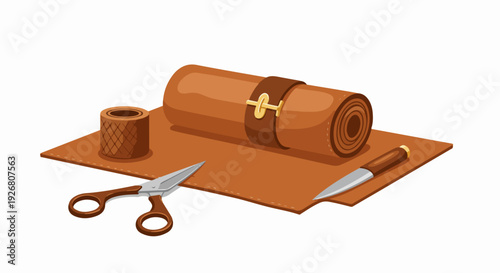 Leather crafting supplies vector illustration: rolled hide, sheet, scissors, knife, and thread spool on white.