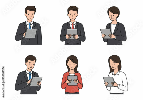 Set of six smiling businessmen and businesswomen illustrations using digital tablets for professional communication and data entry on a clean white background.