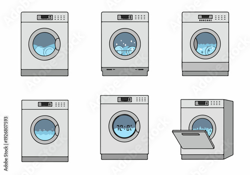 Automatic Dishwasher Cycle Illustrations: Dirty Loading, Washing Stages, Temperature Display, and Sparkling Clean Result Icons.
