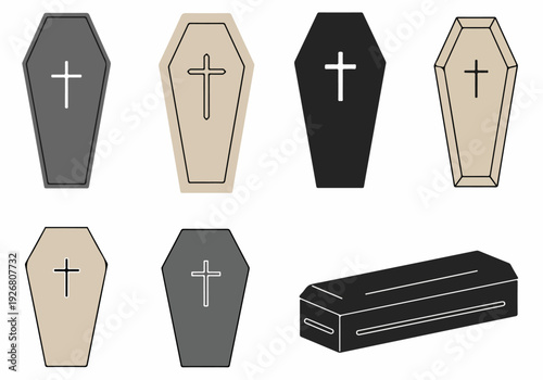 Vector set of coffins and caskets with cross symbols, illustrating death, burial, and funeral service concepts in various designs.