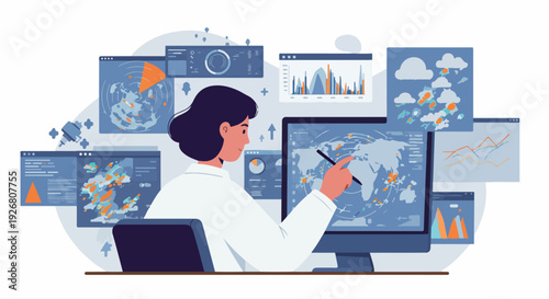 Data Analyst or Meteorologist Working on Computer Monitor with Global Map and Multiple Dashboards.