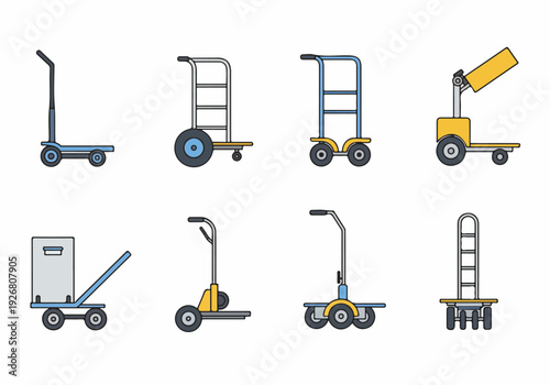 Flat vector icon set featuring various industrial and warehouse trolleys, hand trucks, and pallet jacks for logistics and material handling.