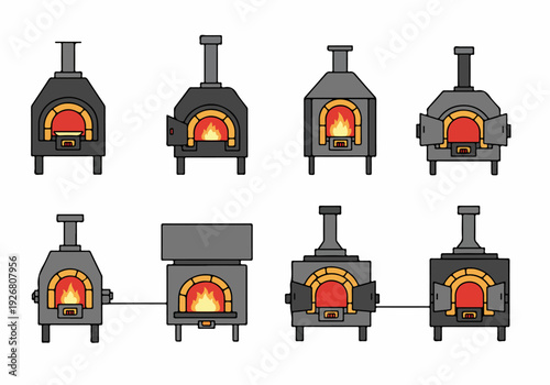 Vector icon set of traditional outdoor wood-fired ovens or pizza stoves, illustrating various types of metal cooking equipment with burning flames.
