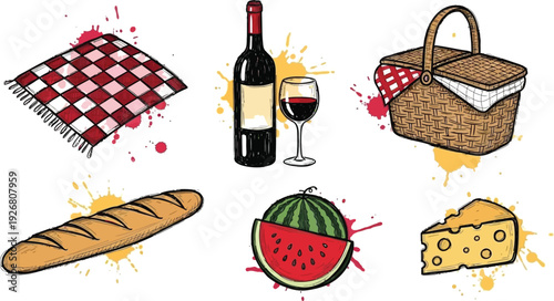 Hand-drawn vector illustration of picnic essentials with wine and food