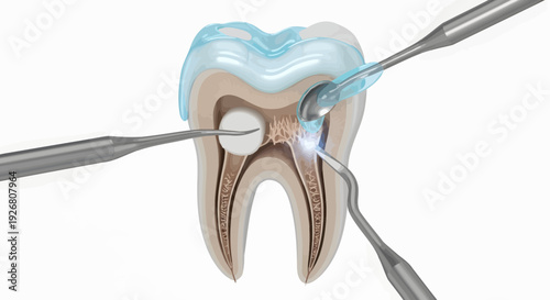 Dental procedure illustration showing tooth filling process with dental instruments and tooth anatomy details