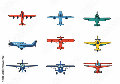 Vector set of various colorful airplane icons and aircraft illustrations including passenger jets, prop planes, and biplanes, isolated on white.