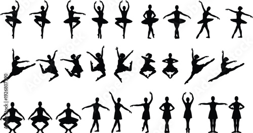 Large ballet dancer silhouette collection featuring classical ballerina poses, jumps and graceful movements for dance education and performance design use