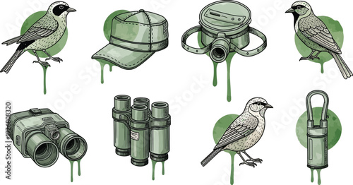 Collection of vector illustrations for bird watching and outdoor activities