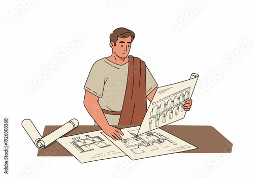 Ancient Roman Architect Reviewing Construction Blueprints and Classical Building Plans