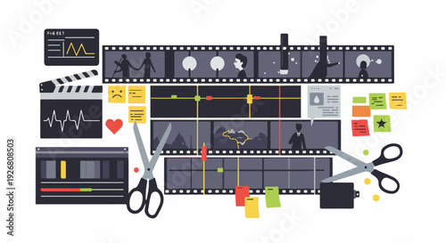 Digital and analog film editing concept illustration showing timeline, filmstrip, scissors, and production tools for movie post-production.