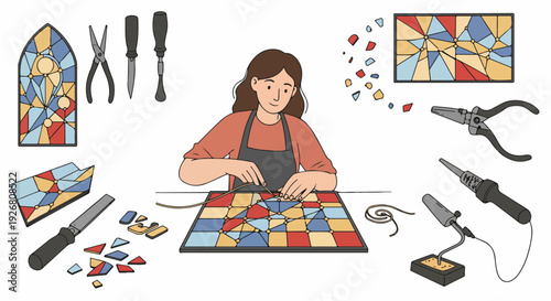 Female artisan crafting a colorful stained glass window panel using specialized tools and the Tiffany method.