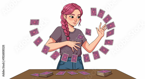 Illustrated young woman with pink braided hair performing a mesmerizing card trick, magically levitating diamond-suited playing cards in a circular pattern.