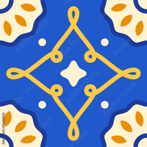 Geometric Ukrainian ethnic tile pattern. Traditional folk ornament in blue and yellow for kitchen backsplash, bathroom ceramics, and floor decor. Seamless vector design.