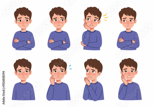 Cartoon young man avatar set displaying negative emotions, sadness, worry, shyness, and physical discomfort like toothache or jaw pain illustration.