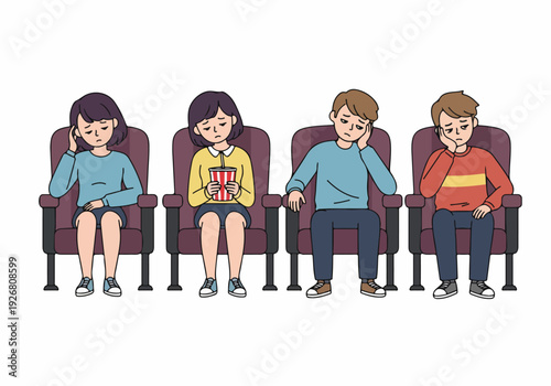 Bored and disappointed audience members sitting in cinema seats, indicating a bad movie or poor performance.