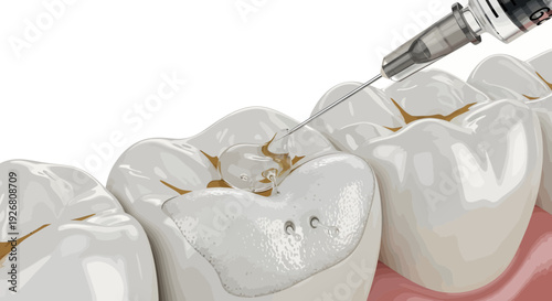 Dental procedure being performed on a set of teeth with a syringe injecting into a molar