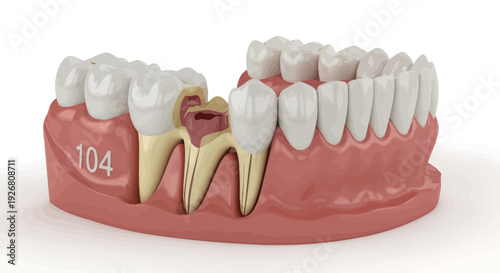 Detailed 3D illustration of dental anatomy showing tooth structure and gum with a highlighted molar