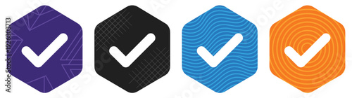 Set of modern hexagon checkmark icons with geometric patterns in purple black blue and orange colors isolated on white background for web and app interface design